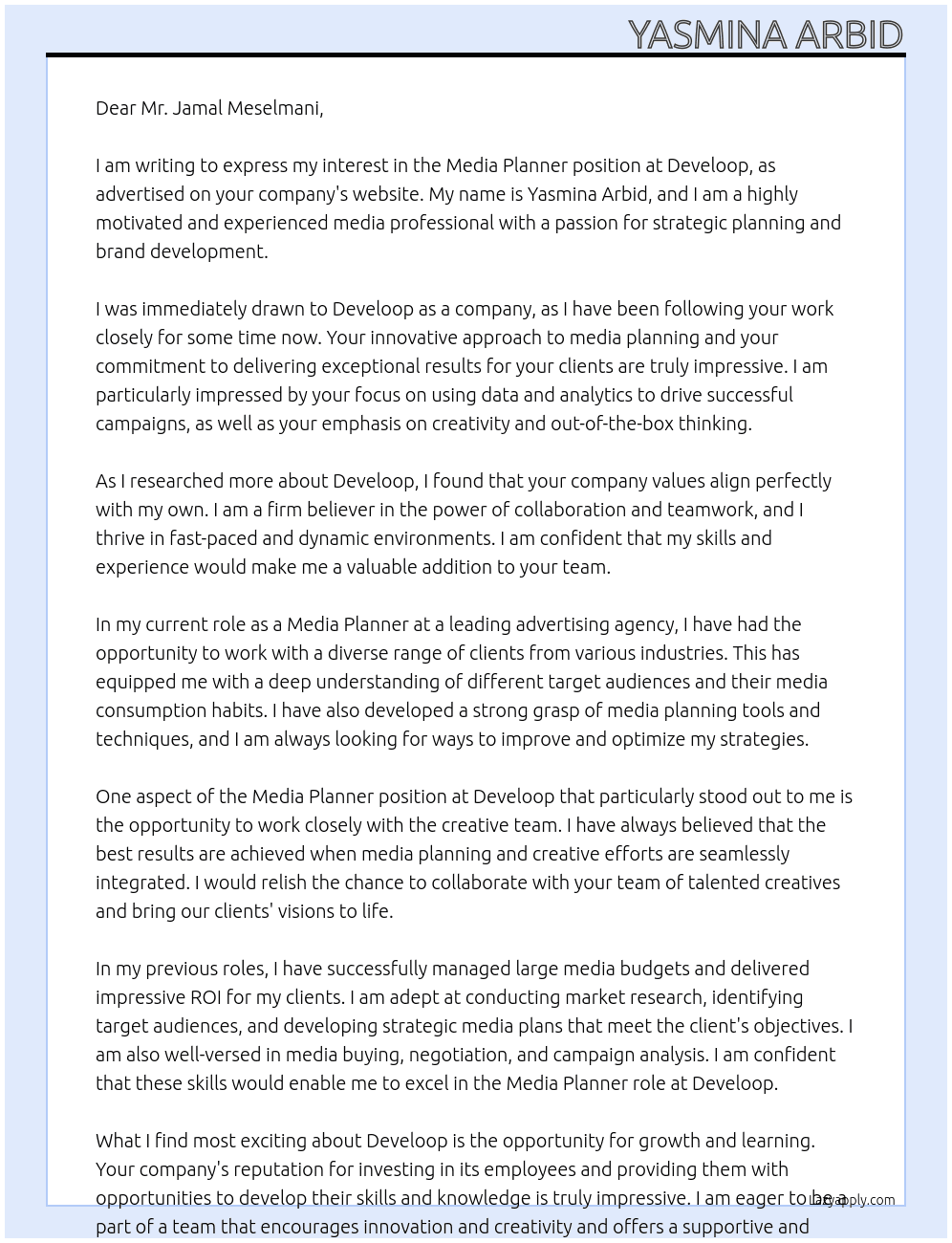 Media planner  At Develoop  Cover Letter