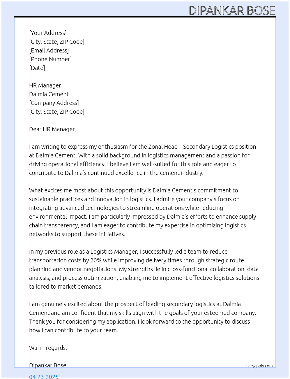  Zonal Head – Secondary Logistics  At Dalmia Cement Cover Letter
