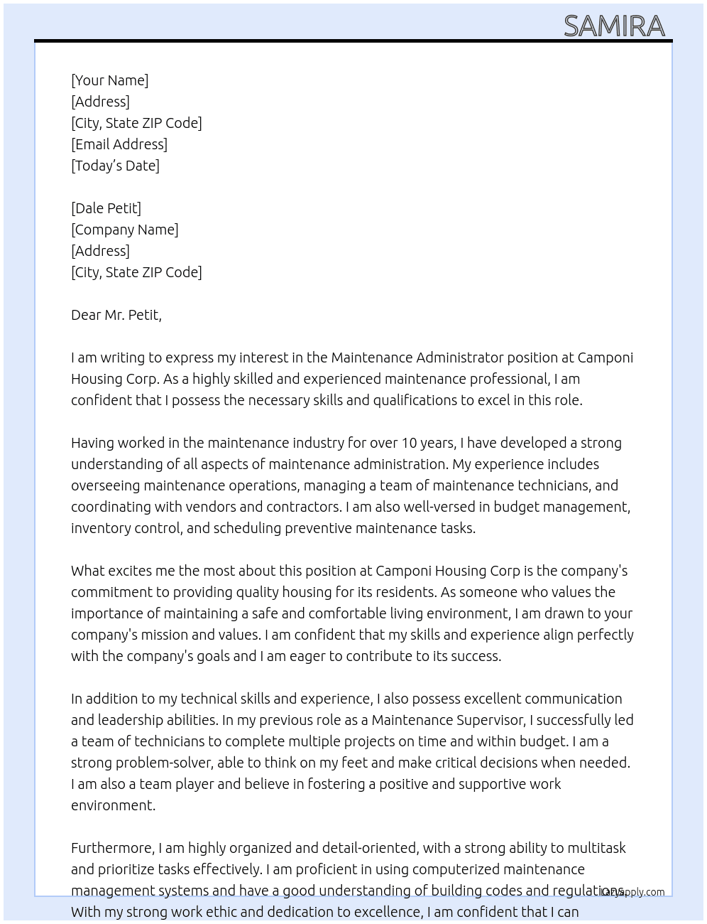 Maintenance administrator  At Camponi housing corp Cover Letter