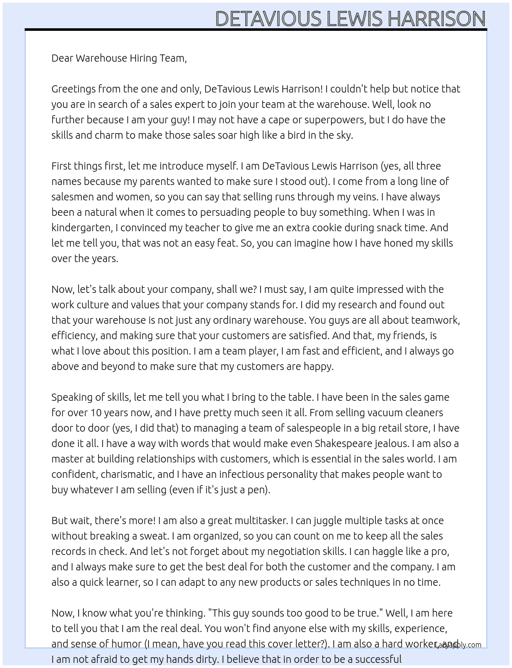 sales At warehouse Cover Letter