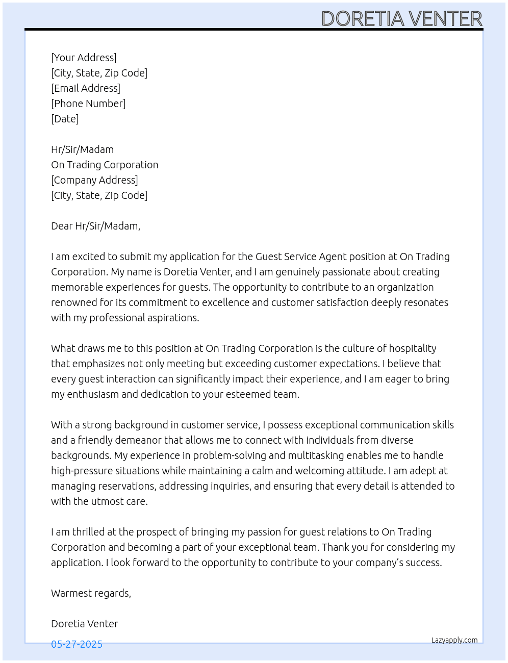 Guest Service Agent At On Trading Corporation Cover Letter