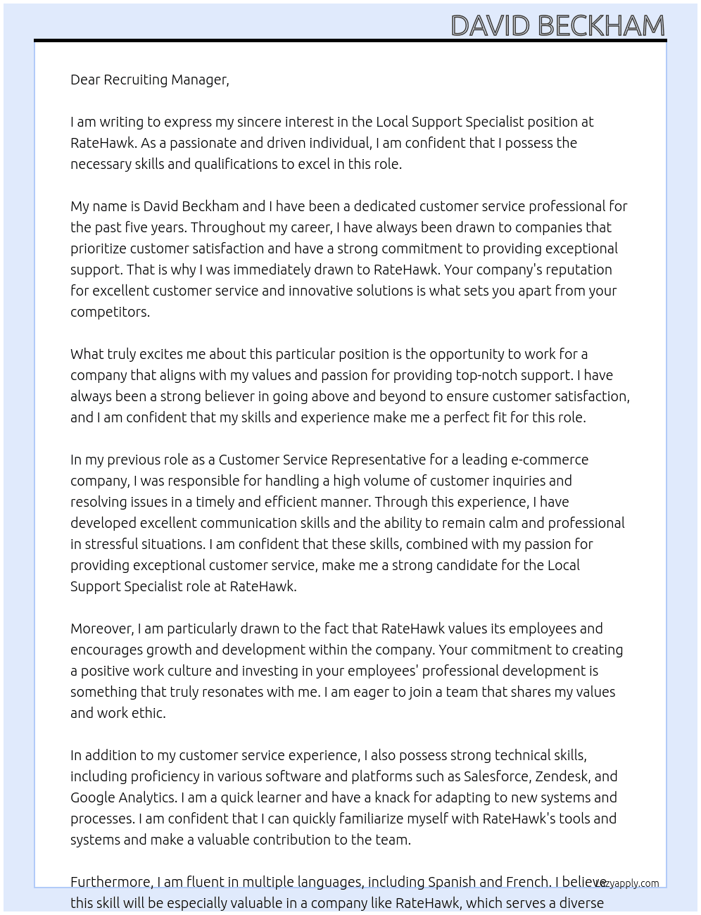 Cover letter for local support specialist - LazyApply