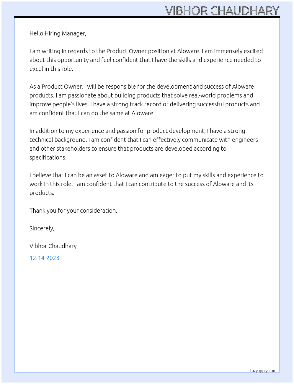 Product Owner At Aloware Cover Letter