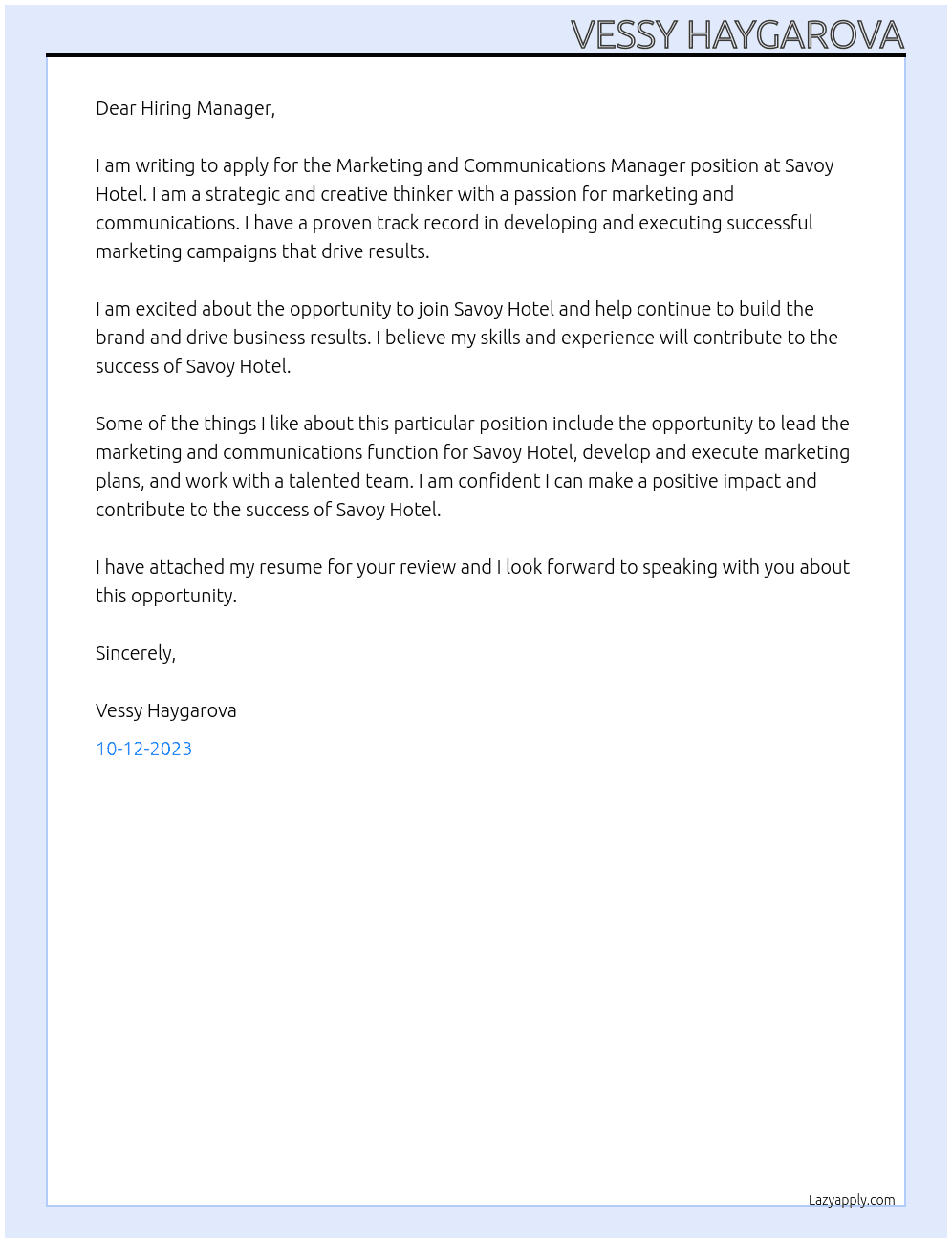 Marketing and Communications Manager At Savoy Hotel  Cover Letter