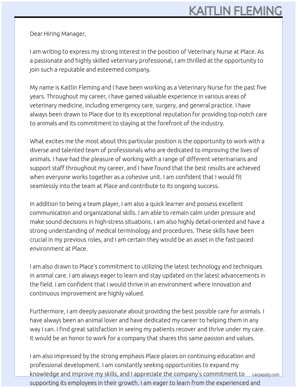 Veterinary Nurse At Place Cover Letter