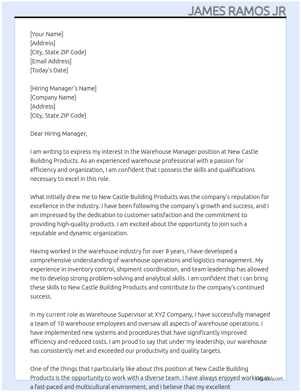Warehouse Manager At New Castle Building Products Cover Letter