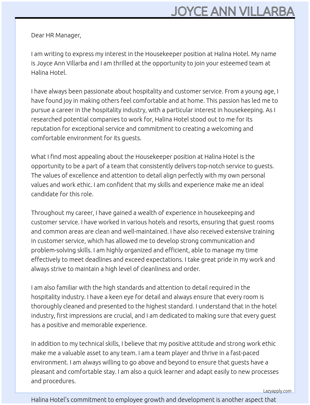 Housekepper At Halina Hotel  Cover Letter