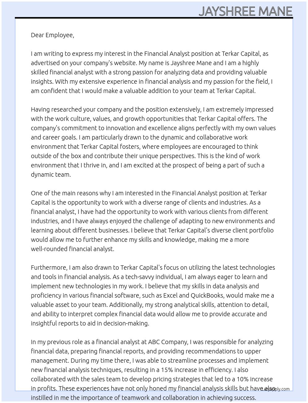 Financial Analyst At Terkar Capital Cover Letter