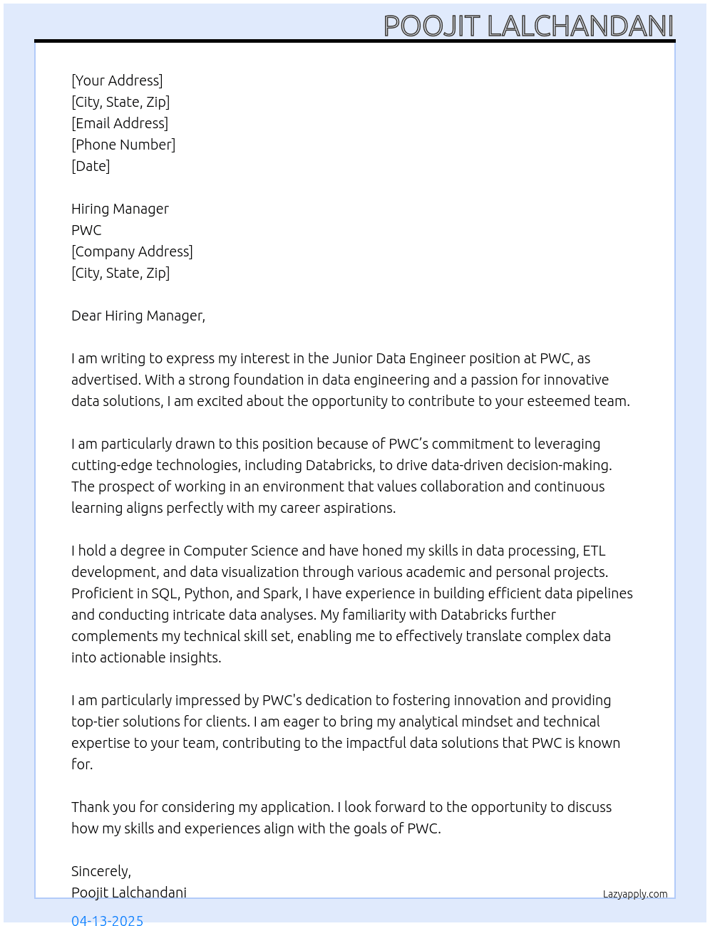 Cover letter for junior data engineer | databricks - LazyApply