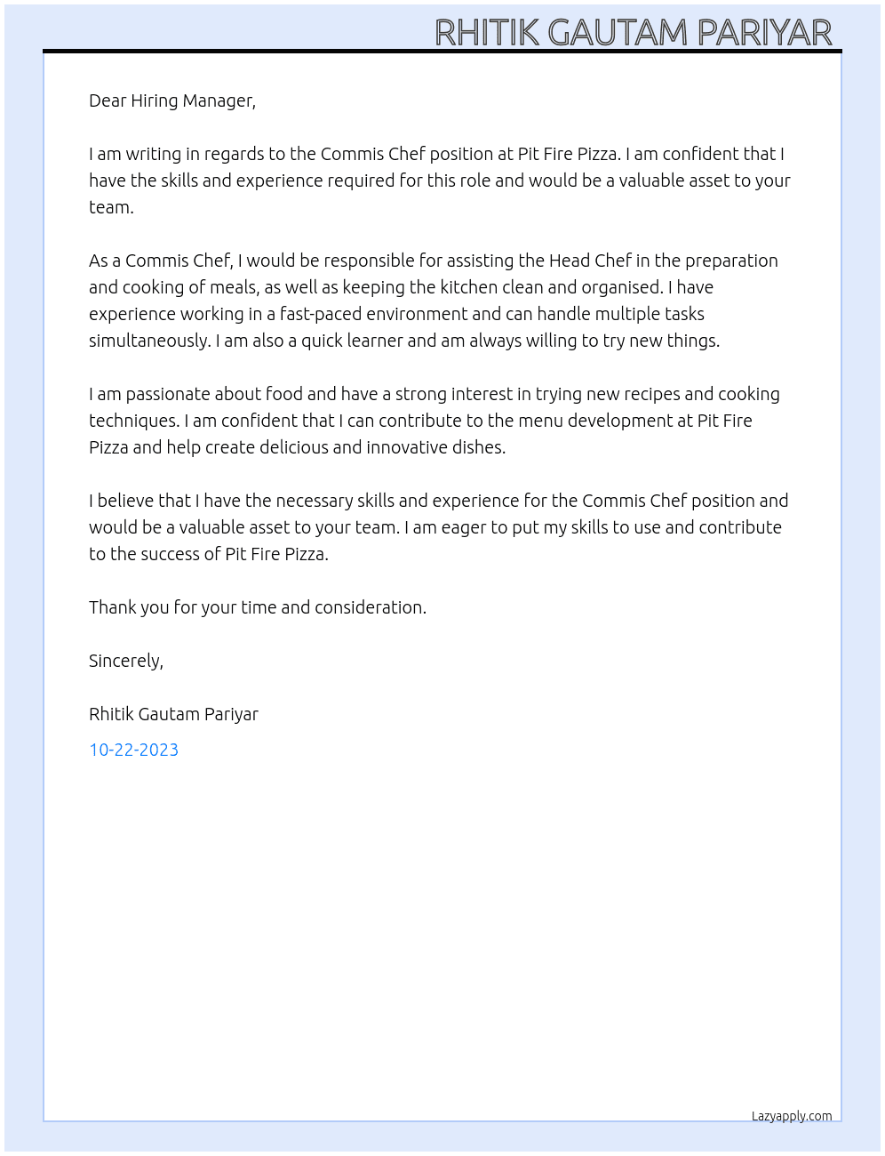Commis chef At Pit fire pizza  Cover Letter