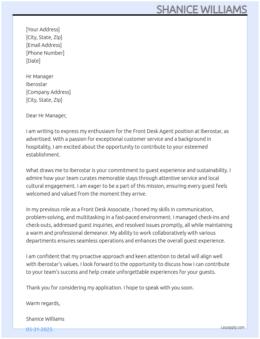 Front desk agent At Iberostar Cover Letter