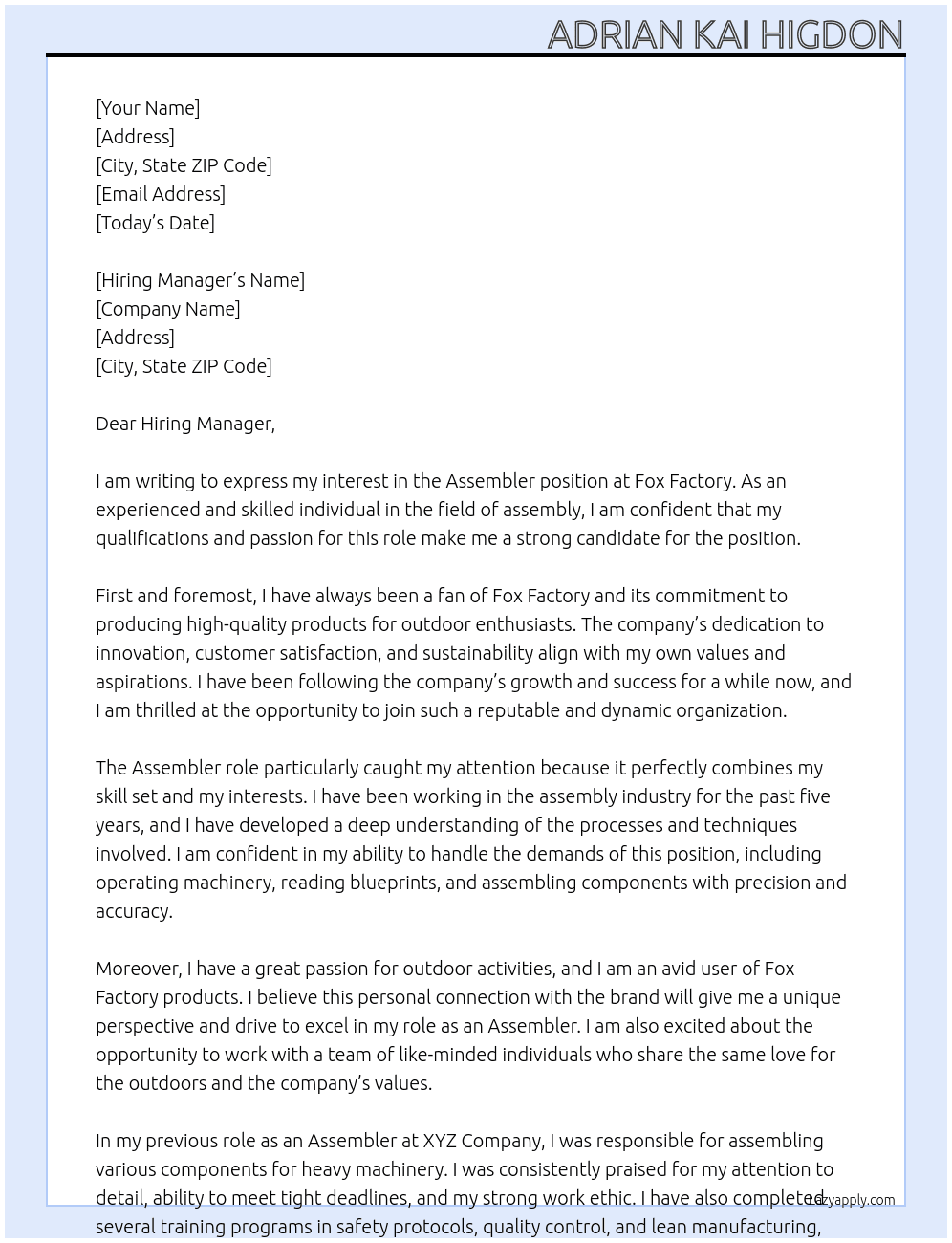 Assembler At Fox Factory Cover Letter