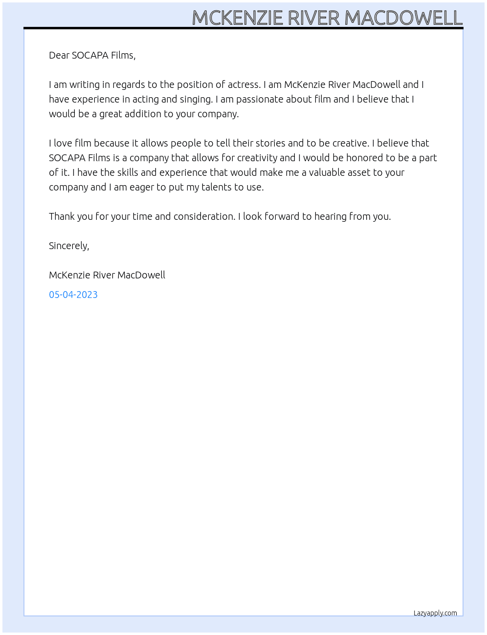 Actress At SOCAPA Films Cover Letter