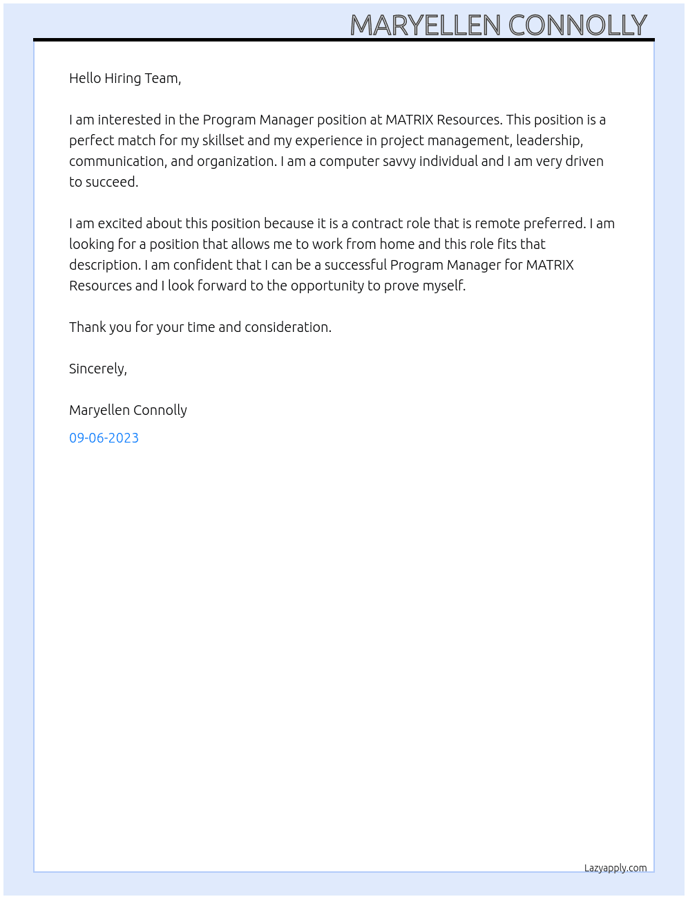 Program Manager  At MATRIX Resources  Cover Letter