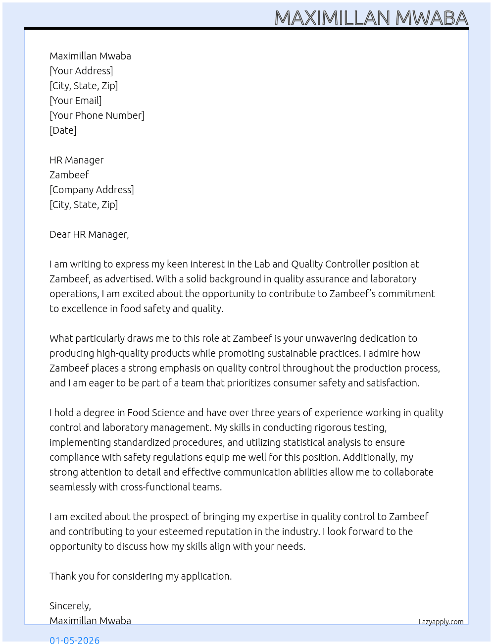 Lab and Quality Controller At Zambeef Cover Letter