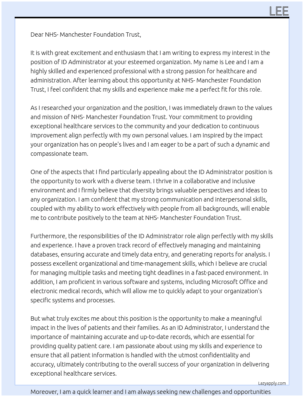 ID Adminstrator At NHS- Manchester Foundation Trust Cover Letter