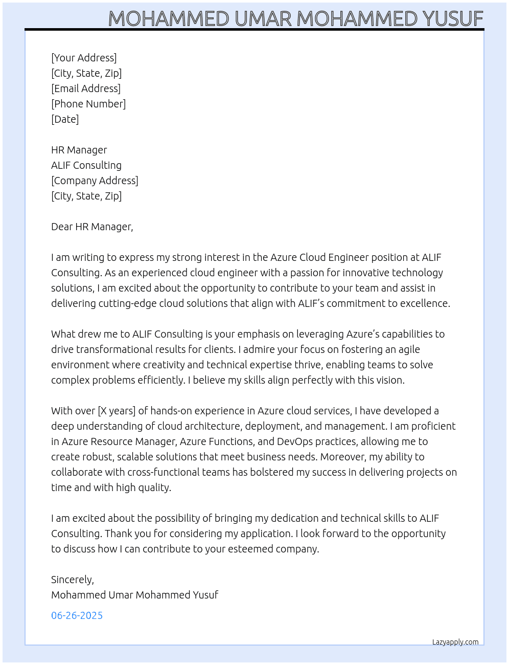 Azure Cloud Engg. At ALIF Consulting Cover Letter