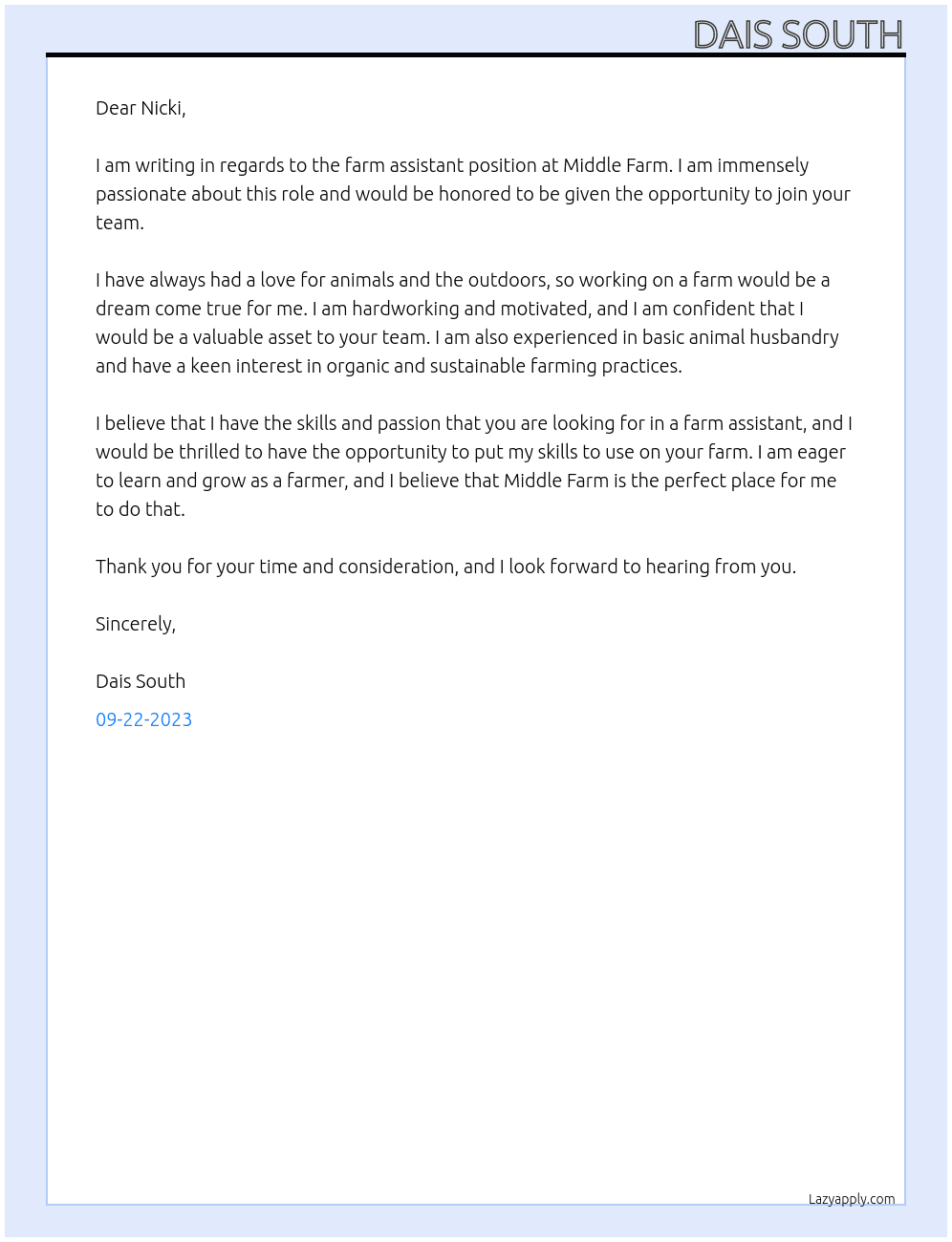 Farm assistant  At Middle farm Cover Letter