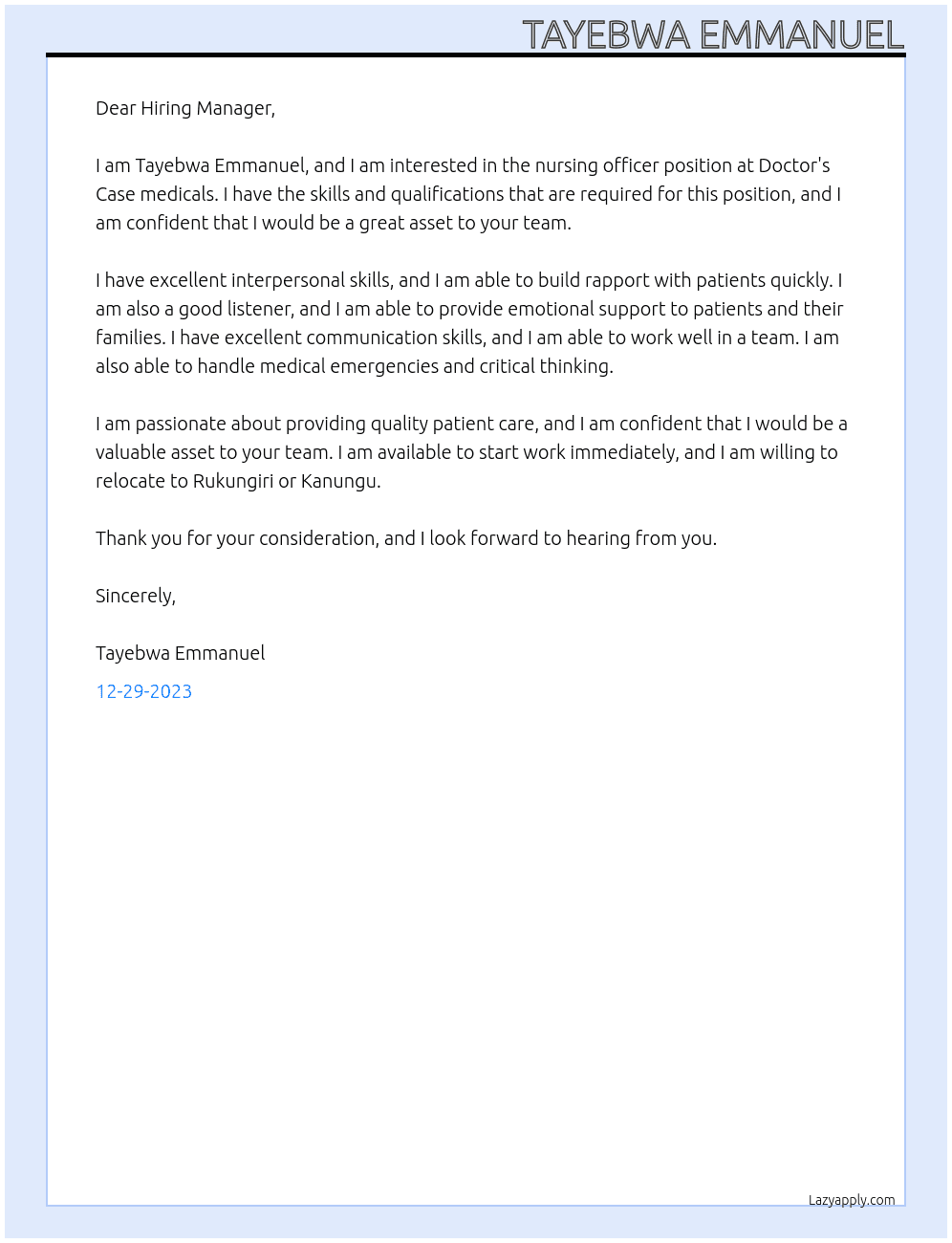 Nursing officer At Doctor's Case medicals Cover Letter