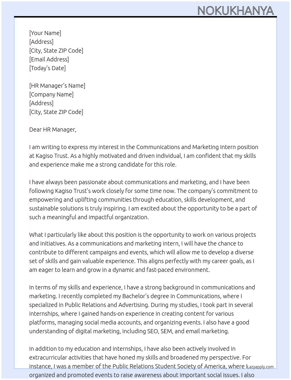 Communications and Marketing Intern  At Kagiso Trust  Cover Letter