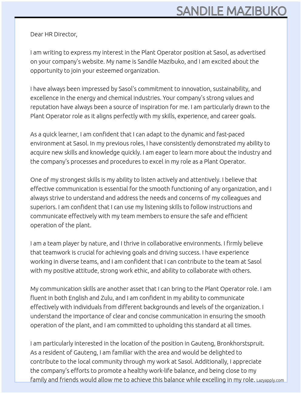 Plant Operator At Sasol  Cover Letter
