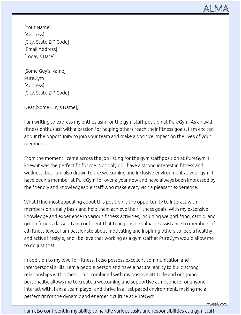 Cover letter for gym staff - LazyApply