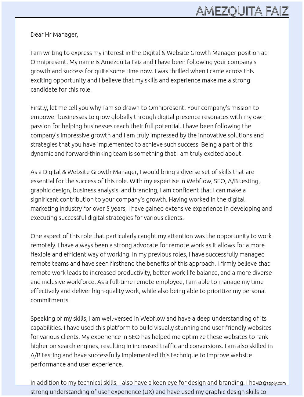 Digital & Website Growth Manager At Omnipresent Cover Letter