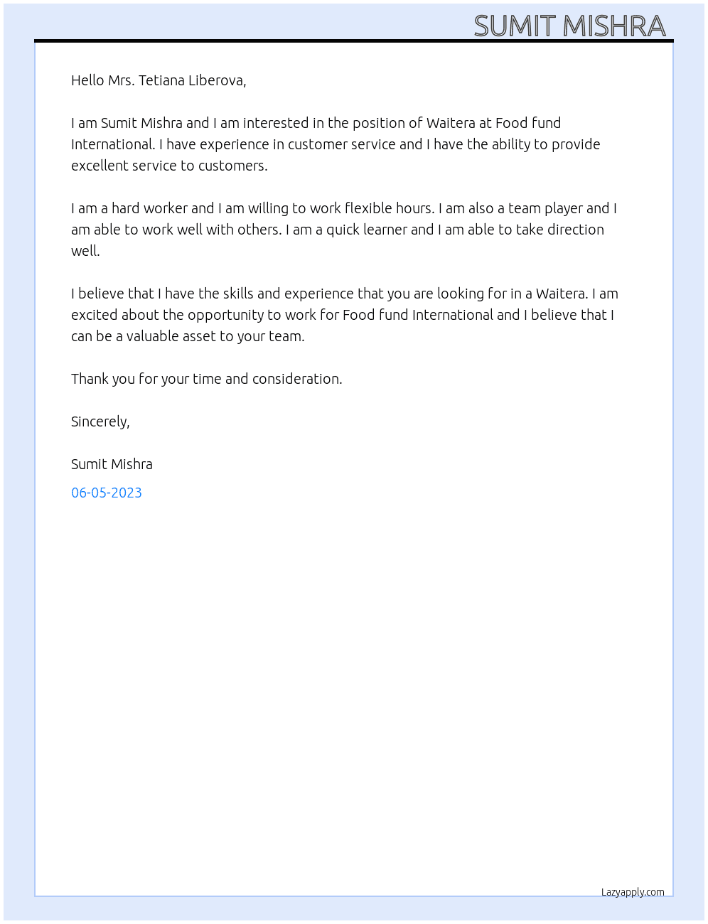 Waitera At Food fund International  Cover Letter