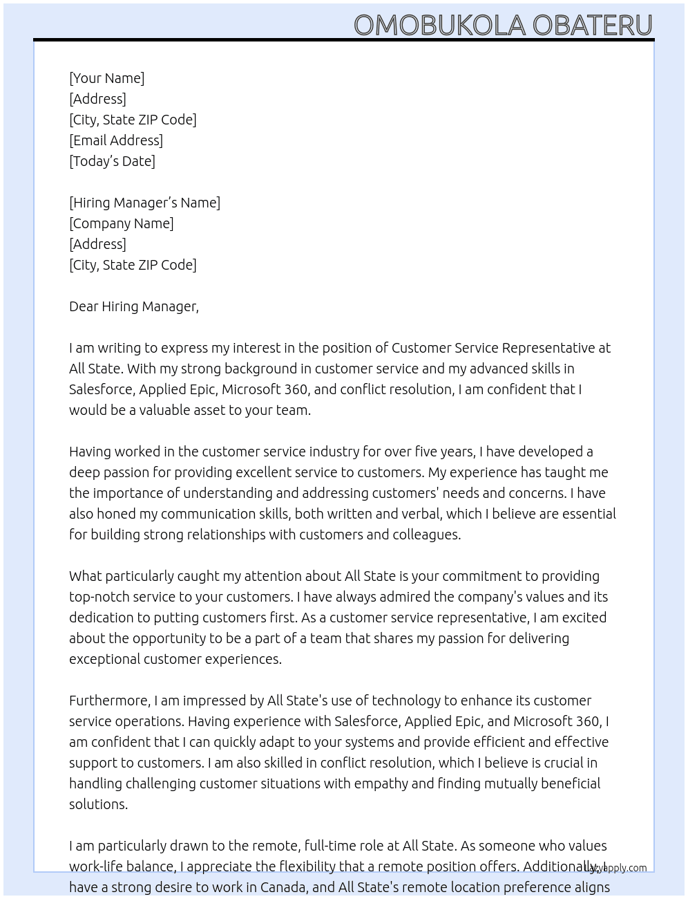 customer service representative At All State Cover Letter
