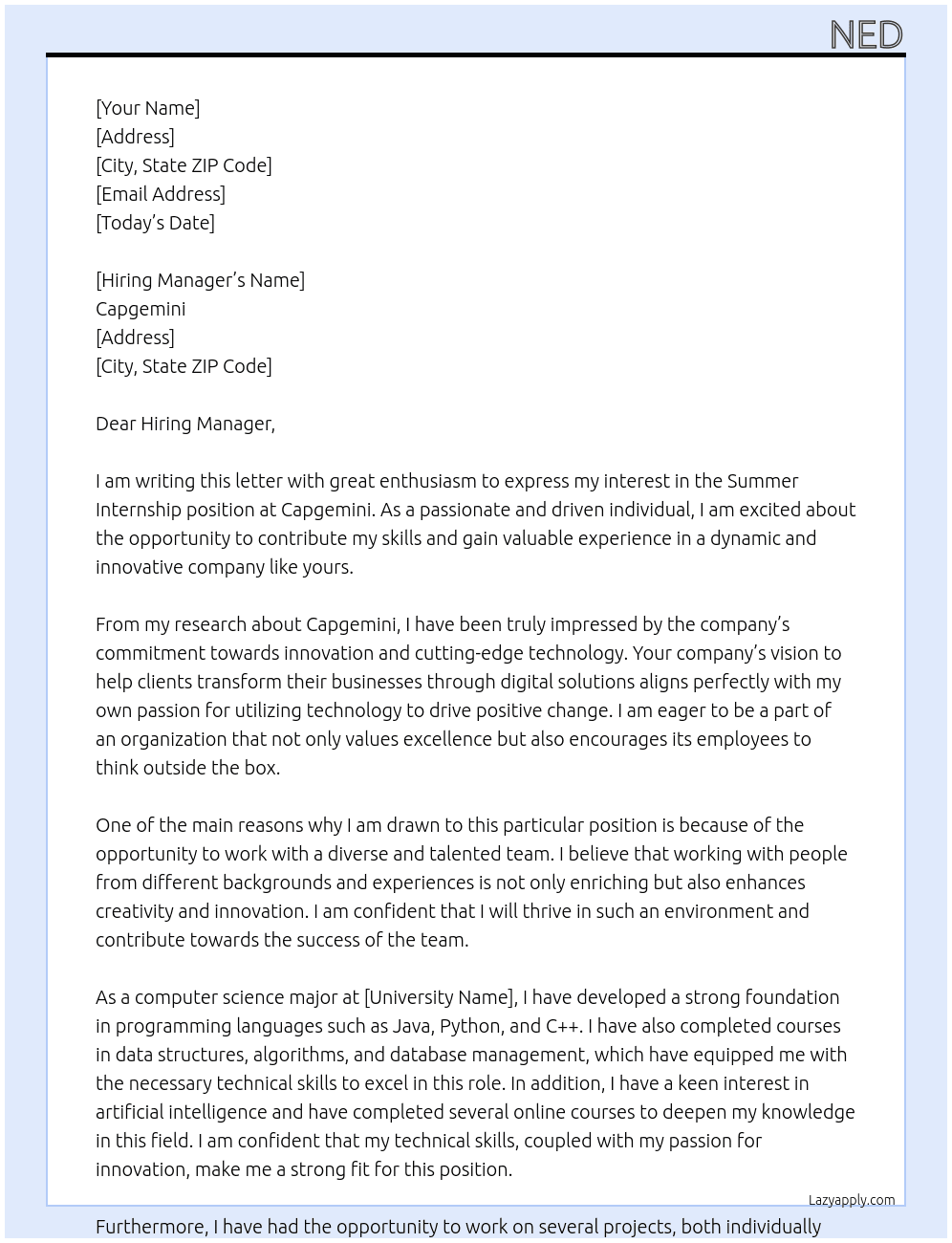 Summer Internship At Capgemini Cover Letter
