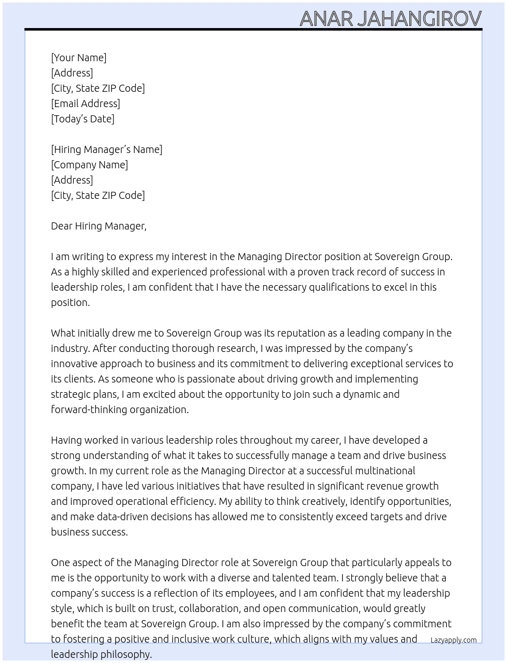 Managing Director At Sovereign Group Cover Letter