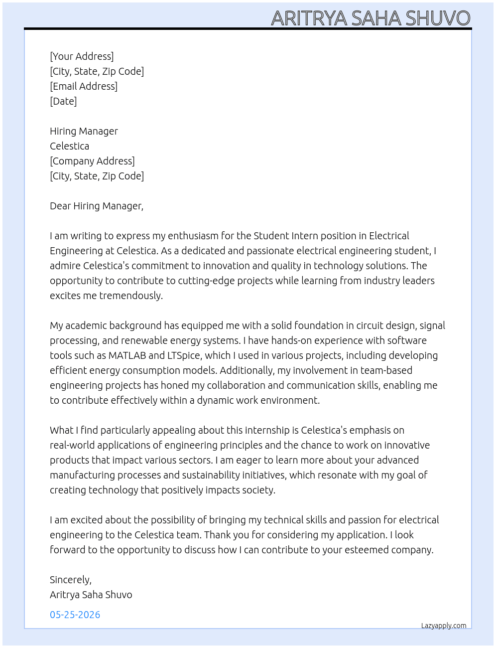 Student Intern, Electrical Engineering At Celestica Cover Letter