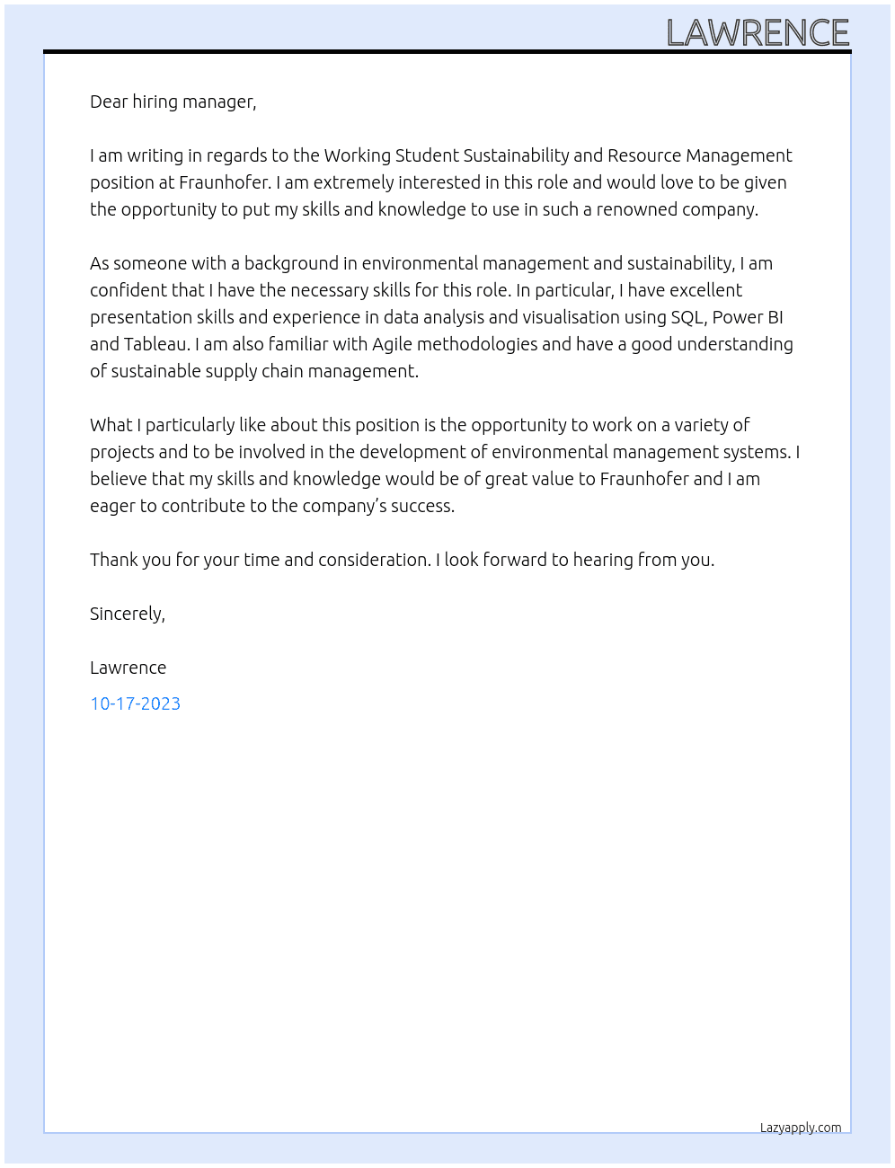 Working Student Sustainability and Resource Management  At Fraunhofer Cover Letter