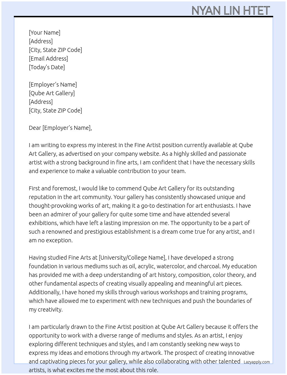 Fine Artist  At Qube Art Gallery  Cover Letter