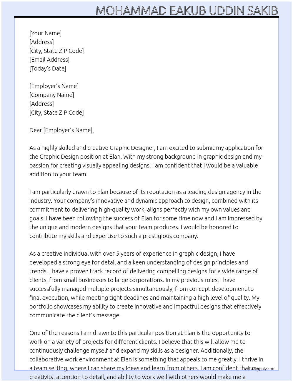 Graphic design  At Elan Cover Letter