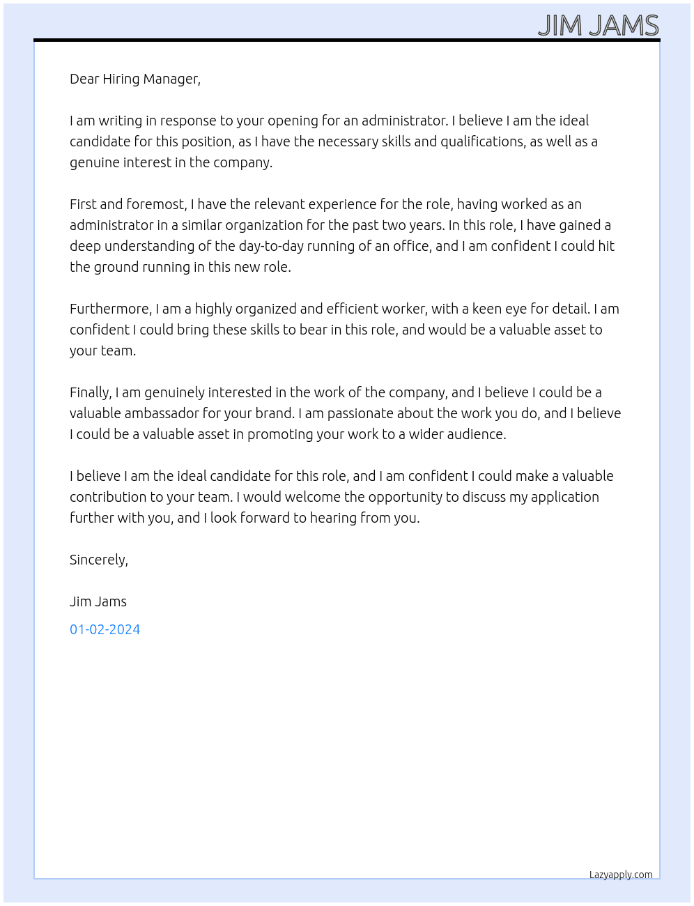 administrator At blabla Cover Letter