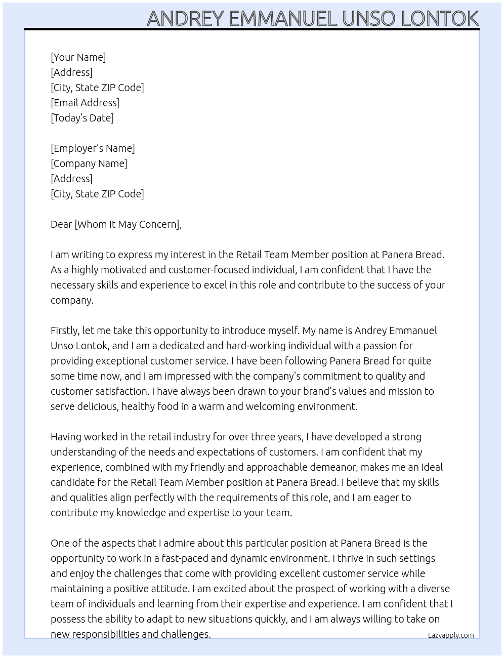 Retail Team Member At Panera Bread Cover Letter