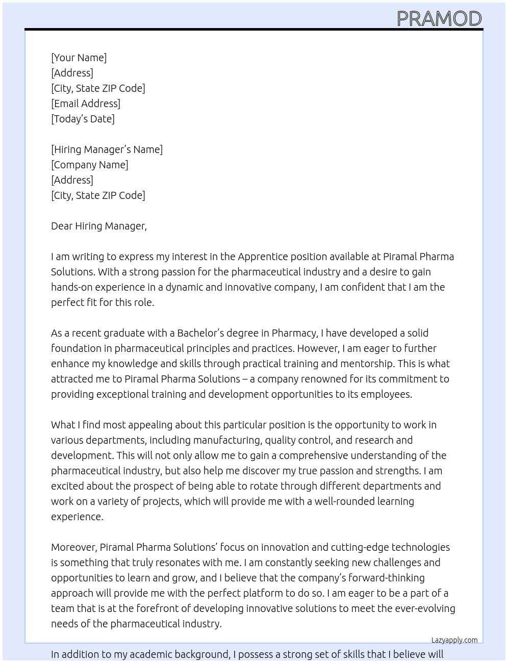 Apprentice At Piramal Pharma Solutions Cover Letter