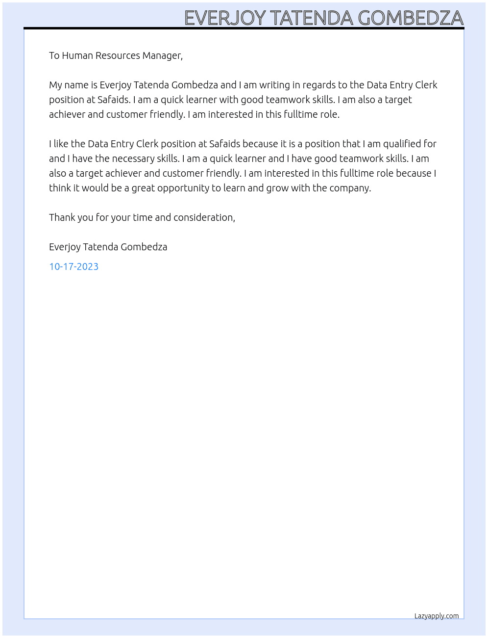 Data Entry Clerk At Safaids Cover Letter
