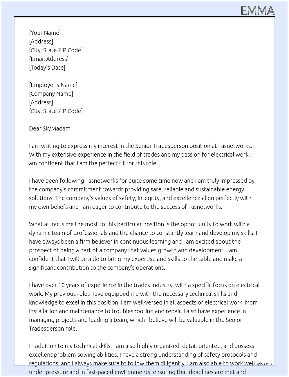 Senior Tradesperson At Tasnetworks Cover Letter