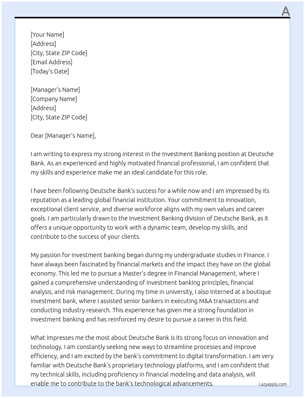 Investment banking  At Deutsche bank  Cover Letter