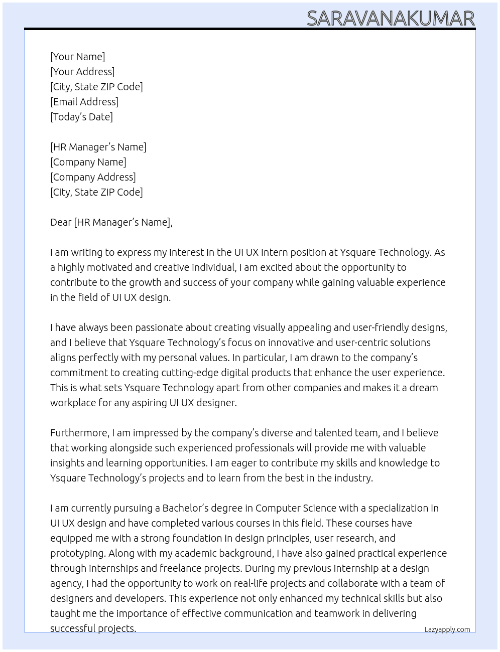 UI UX Intern At Ysquare Technology Cover Letter
