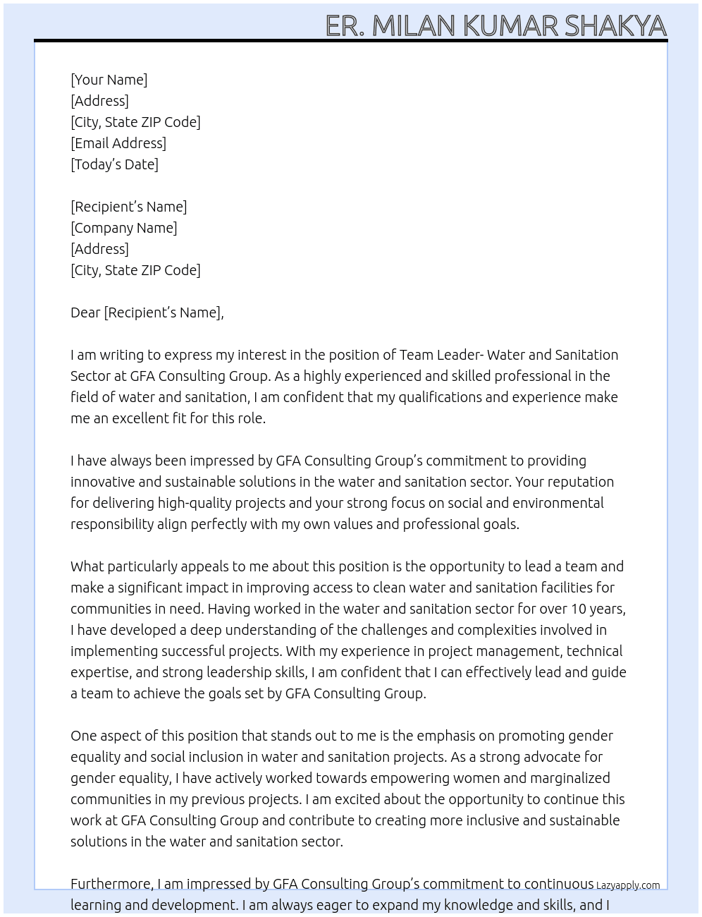Team Leader- Water and Sanitation Sector At GFA Consulting Group Cover Letter