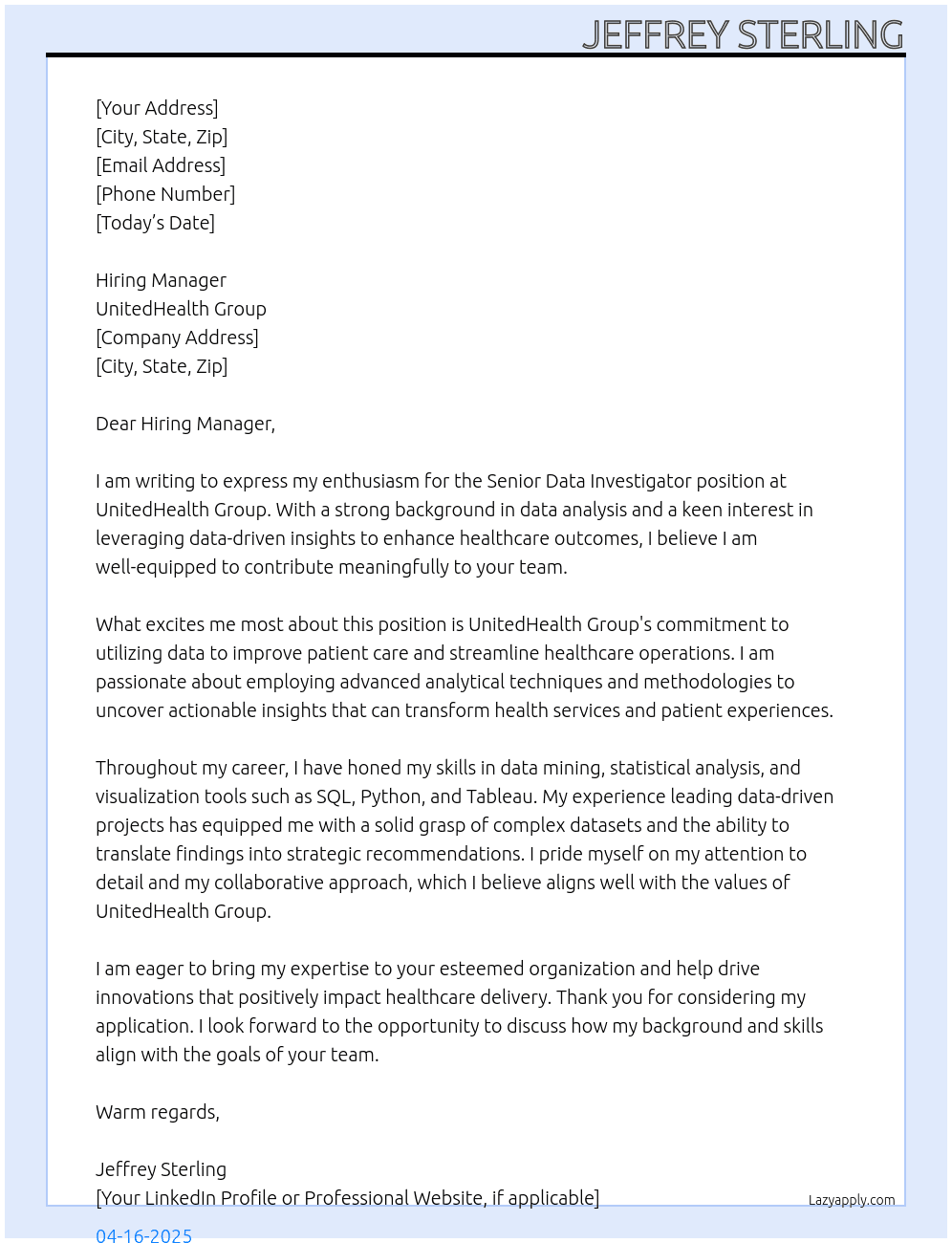 Senior Data Investigator At UnitedHealth Group Cover Letter
