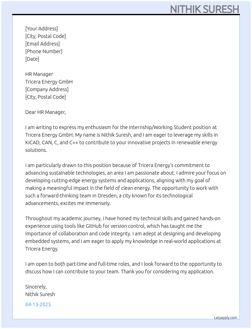 Internship/Working Student At Tricera Energy GmbH Cover Letter