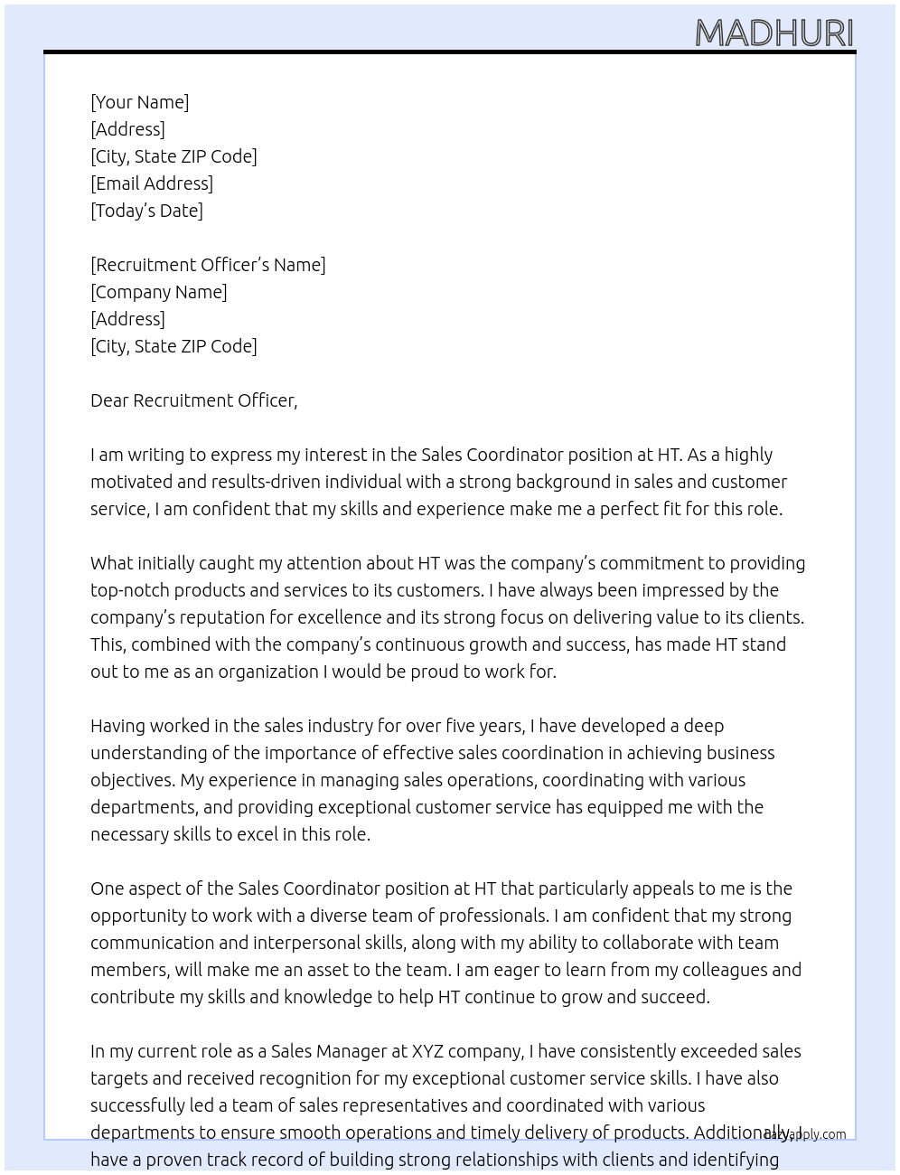 Sales Coordinator At HT Cover Letter