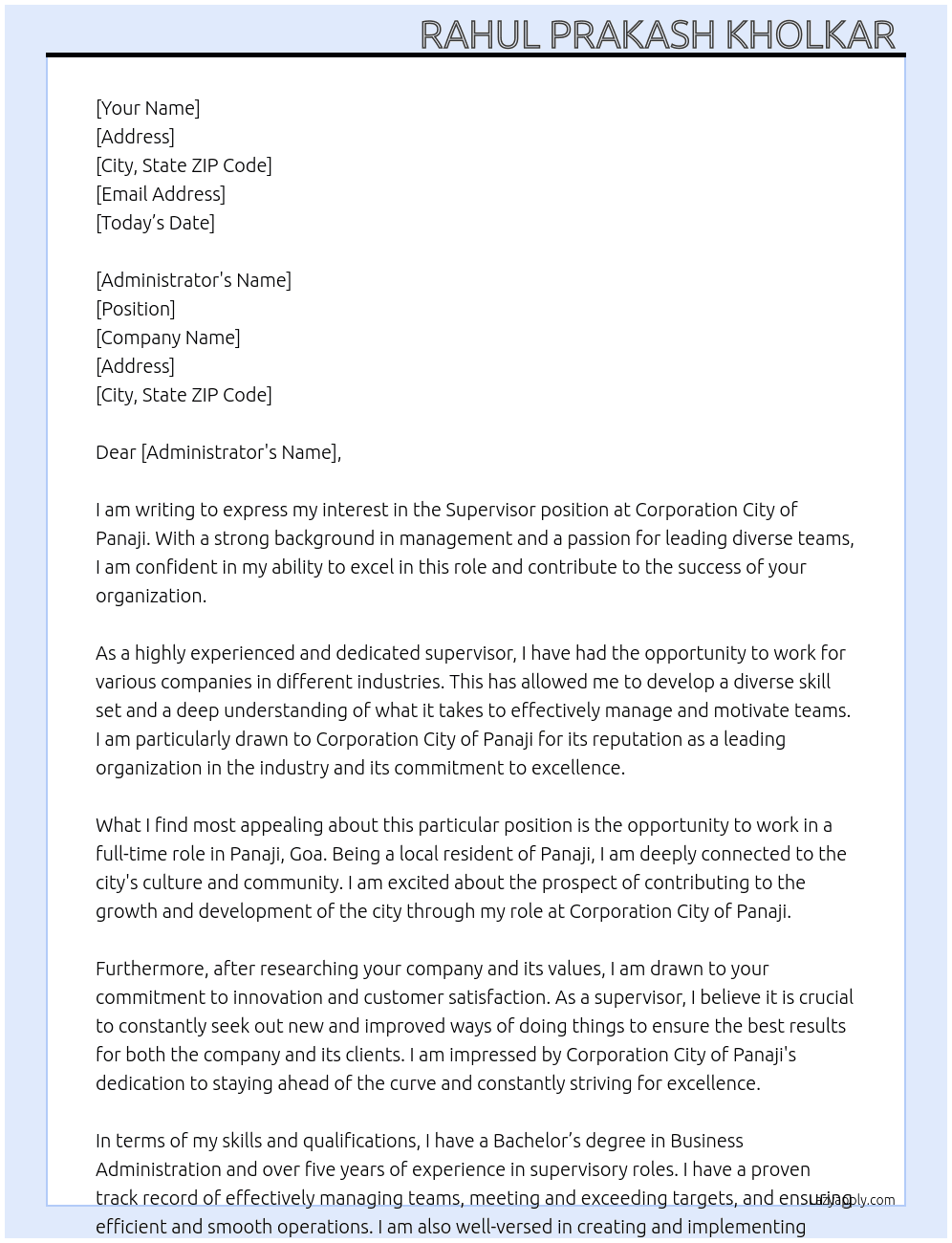 Supervisor  At Corporation city of panaji Cover Letter