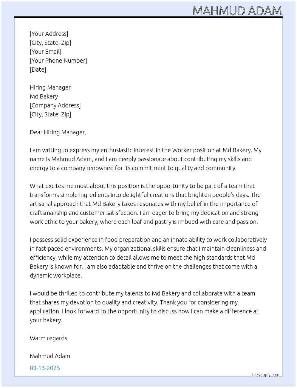 Worker At Md bakery Cover Letter