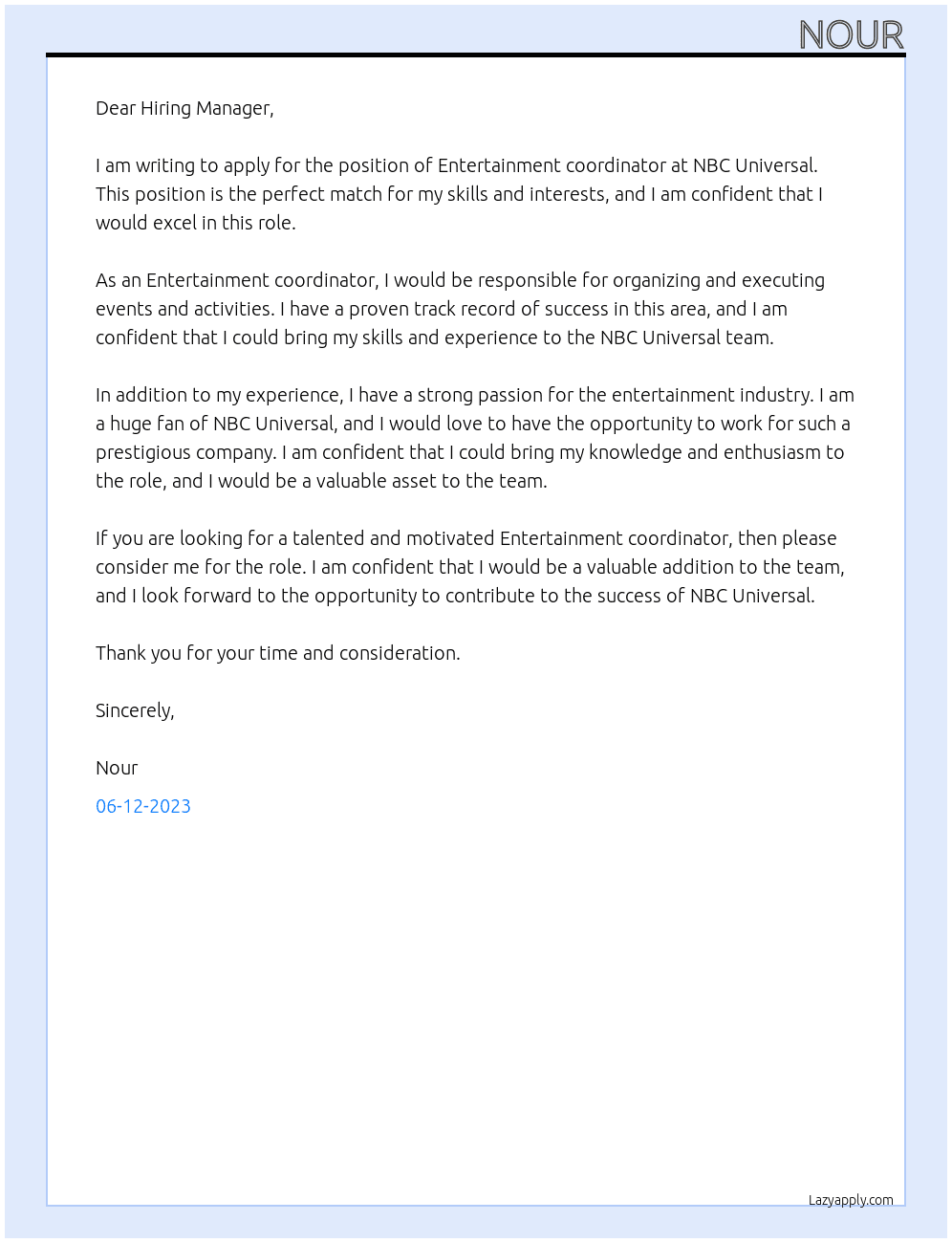 Entertainment coordinator  At NBC Universal  Cover Letter