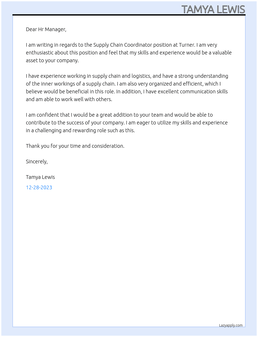 Supply Chain Coordinator At Turner Cover Letter